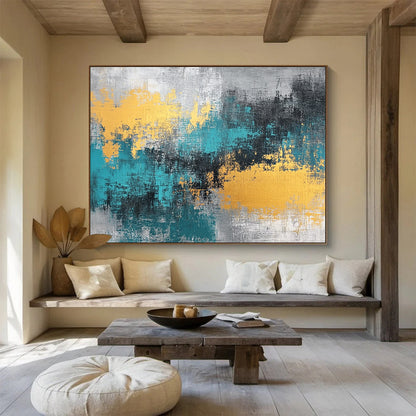 Gray - Teal - Gold Abstract Art for Modern Office Reception & Luxury Home Living Room SC260