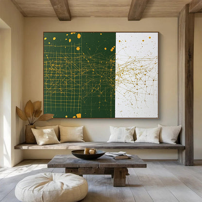 Golden Web on Green & White Art for Modern Art Gallery & Luxury Office Lobby SC471