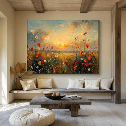 Sunset Flower Field Oil Painting for Romantic Outdoor - Themed Patios DLZ2641