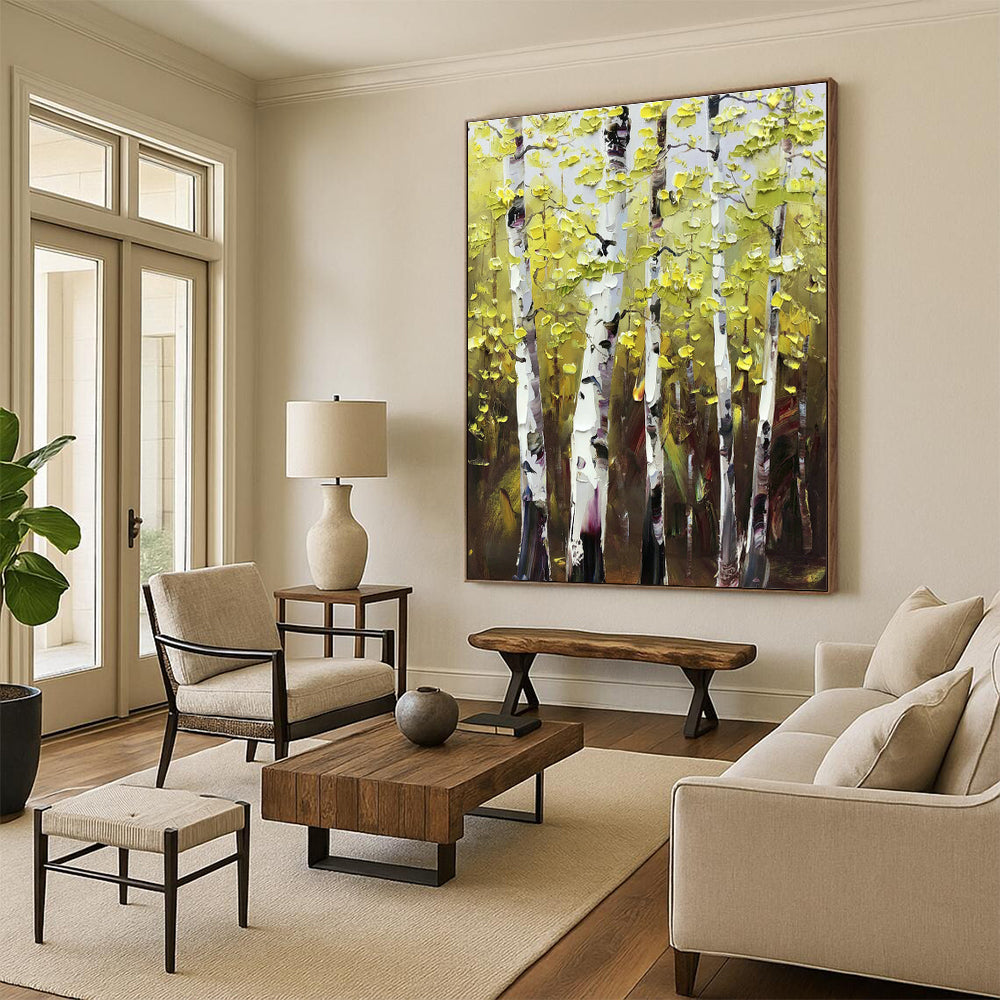 Golden - Leaf Birch Forest Oil Painting for Autumn - Themed Home & Rustic Restaurant DLZ1289