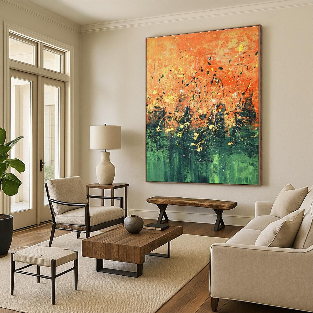 Orange - Green Splatter Abstract Art for Living Room & Art Studio DLZ0445