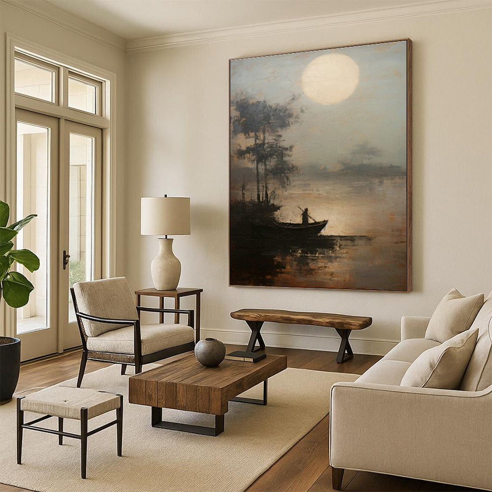 Moonlit Boat Oil Painting for Coastal Bedroom & Zen Meditation Space DLZ0851