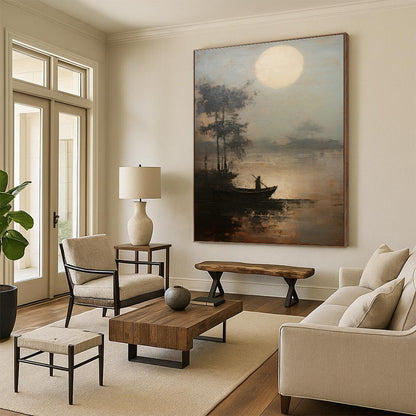 Moonlit Boat Oil Painting for Coastal Bedroom & Zen Meditation Space DLZ0851