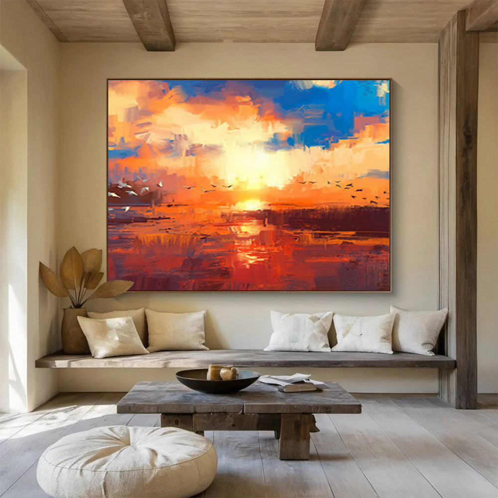 Orange - Blue Sunset with Birds Art for Serene Garden Room DLZ2771