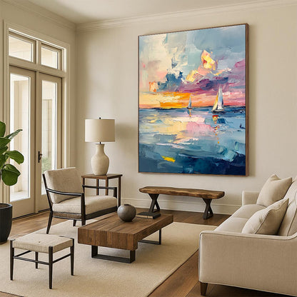 Impressionistic Seaside Sunset for Coastal Home Dining Room & Relaxing Beachfront Hotel STSC973