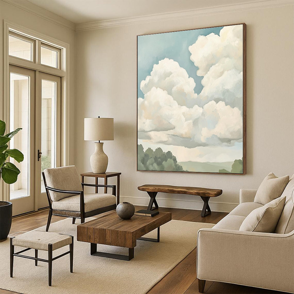 Puffy Clouds Sky Art for Wellness Retreat & Minimalist Home Office STSC1395