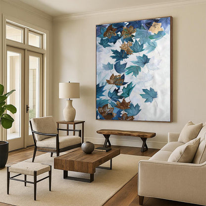 Blue - Gold Maple Leaf Abstract Art for Autumn - Themed Café & Nature - Lover’s Home DLZ0774