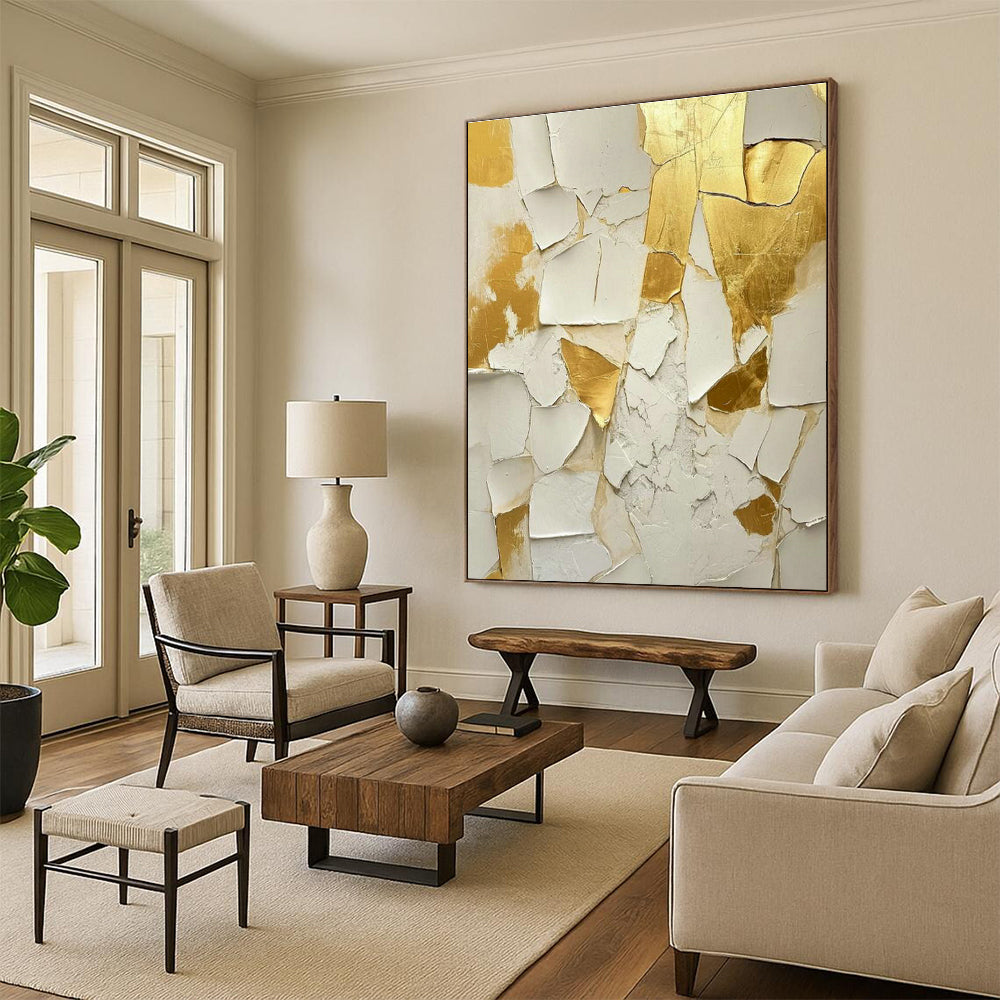 White - Gold Cracked Art for Entryway & Living Room DLZ0328