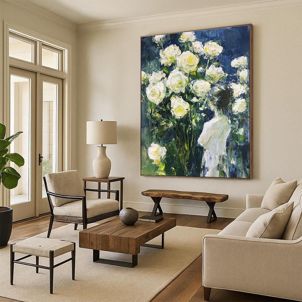 Woman and White Roses Impressionistic Floral Art for Romantic Home Bedroom & Garden - Themed Home Salon STSC1489