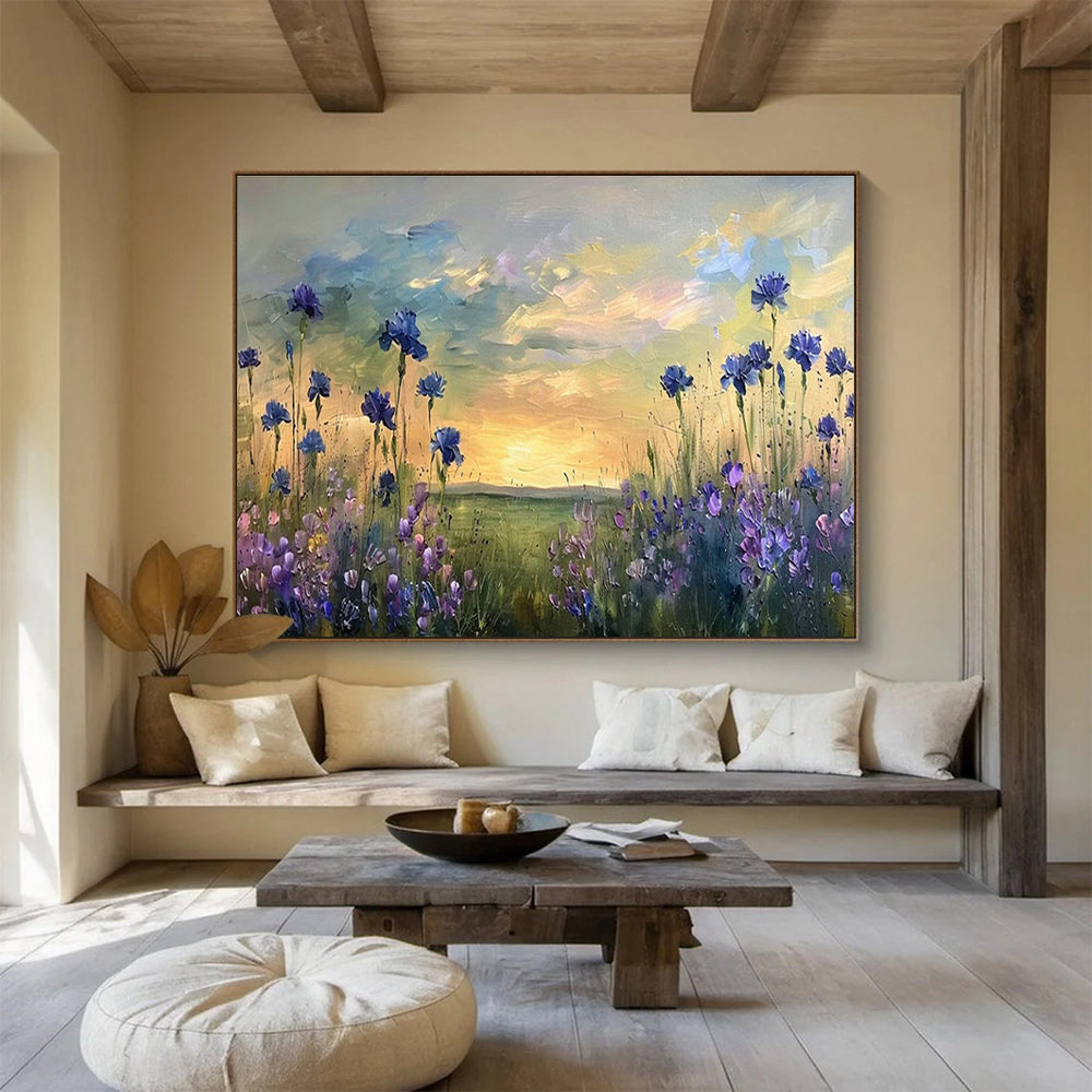 Blue - Purple Flower Field Oil Painting for Countryside Wedding Venue Backdrops DLZ3203