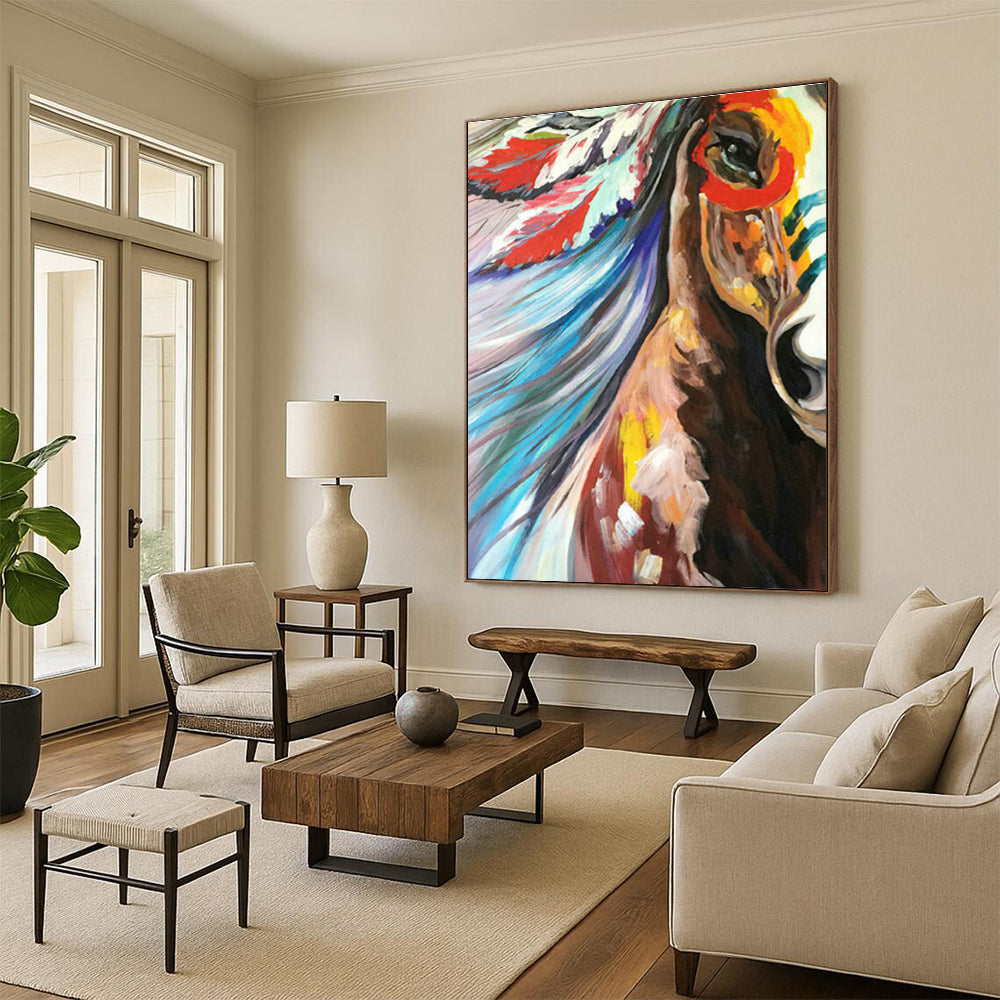 Colorful Headdress Horse Art for Bohemian Bedroom & Cultural Art Exhibit DLZ1433
