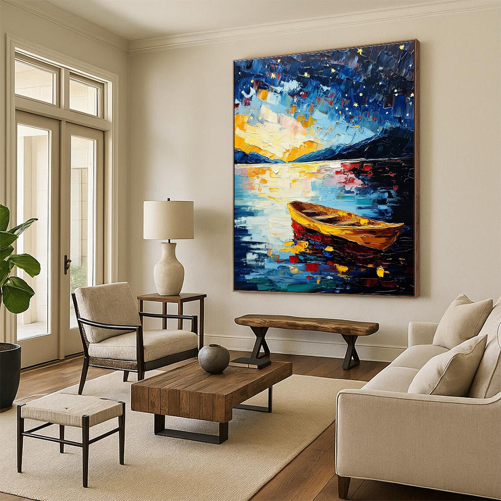 Starry Night Boat on Lake for Romantic Bedroom & Art Gallery Exhibition STSC877