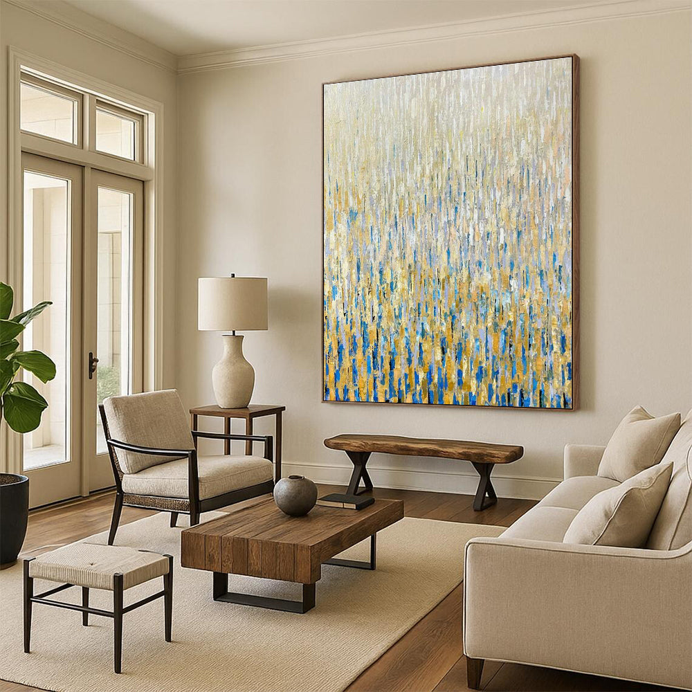 Gold - Blue Rain Abstract Art for Luxury Hotel Lobby Sides & Rooftop Bar Ambiance Walls DLZ0295