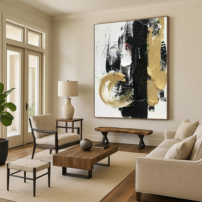 Black - Gold Abstract Brushstroke Art for Living Room & Office DLZ0434