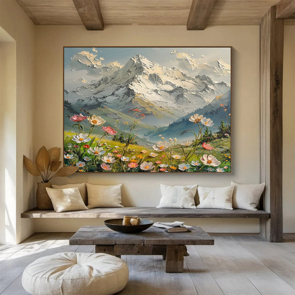 Snowy Mountain & Wildflower Field Art for Inspirational Home Office DLZ3058
