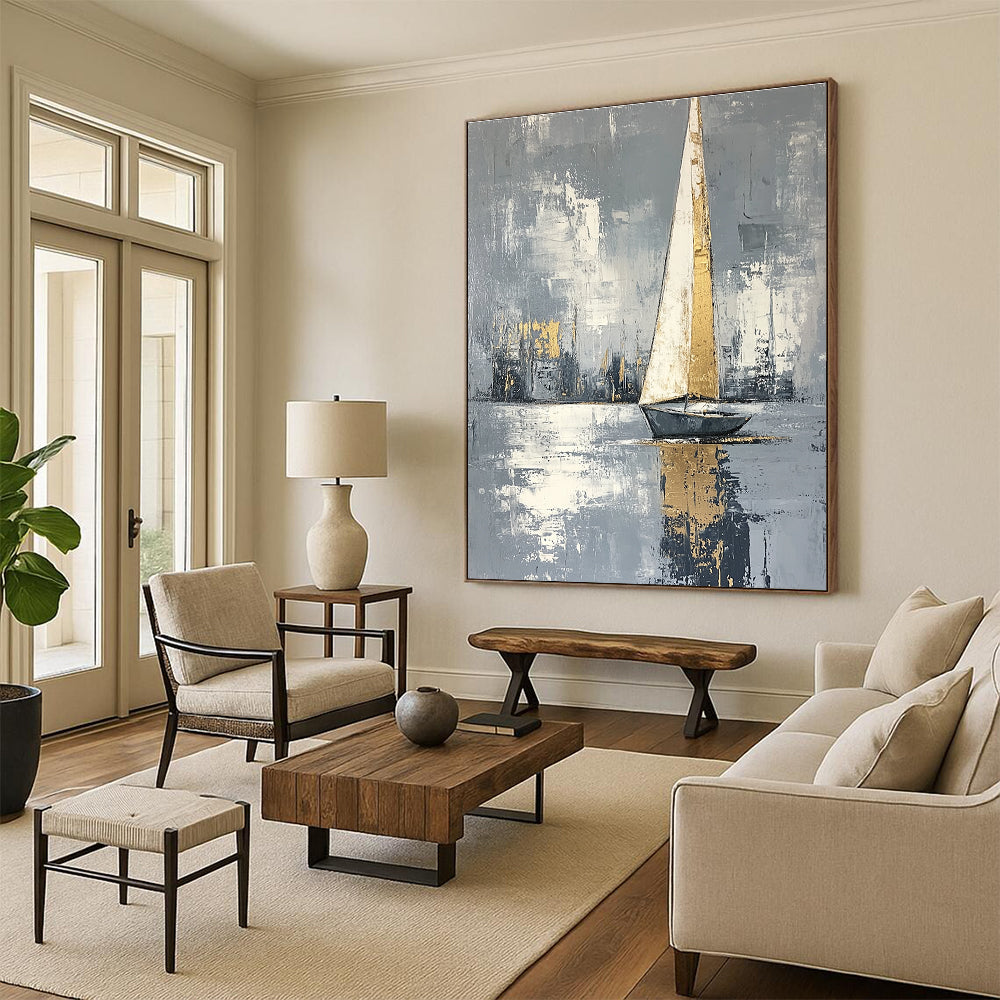 Golden Sailboat on Gray Water Art for Modern Coastal Office & Elegant Home Library STSC1420