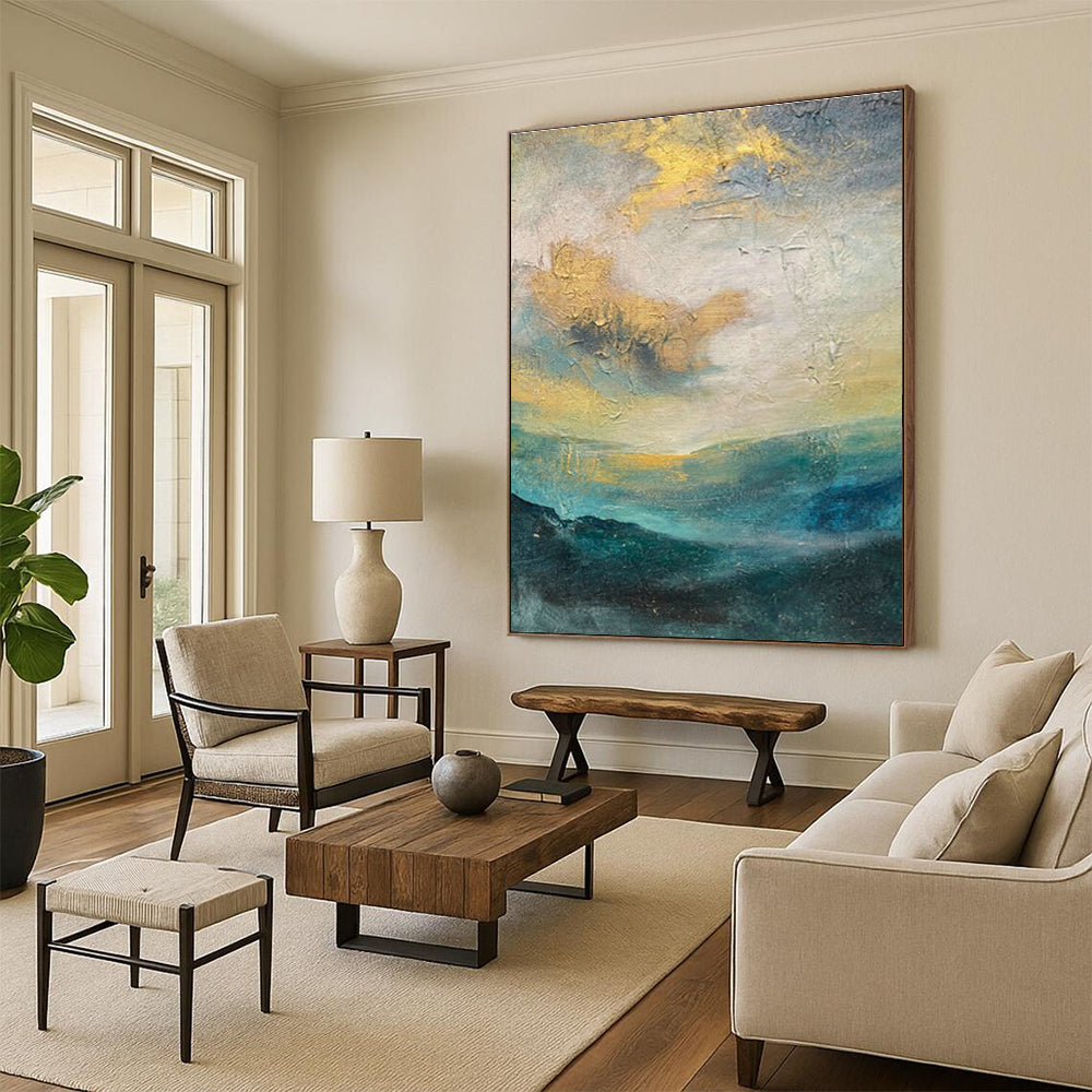 Gold - Blue Landscape - Inspired Abstract Art for Coastal Villa & Art - Themed Café DLZ1901