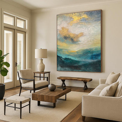 Gold - Blue Landscape - Inspired Abstract Art for Coastal Villa & Art - Themed Café DLZ1901