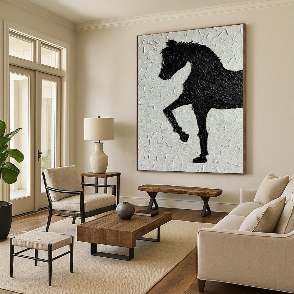 Black Horse Silhouette Textured Art for Equestrian Center & Rustic Home Office DLZ1981