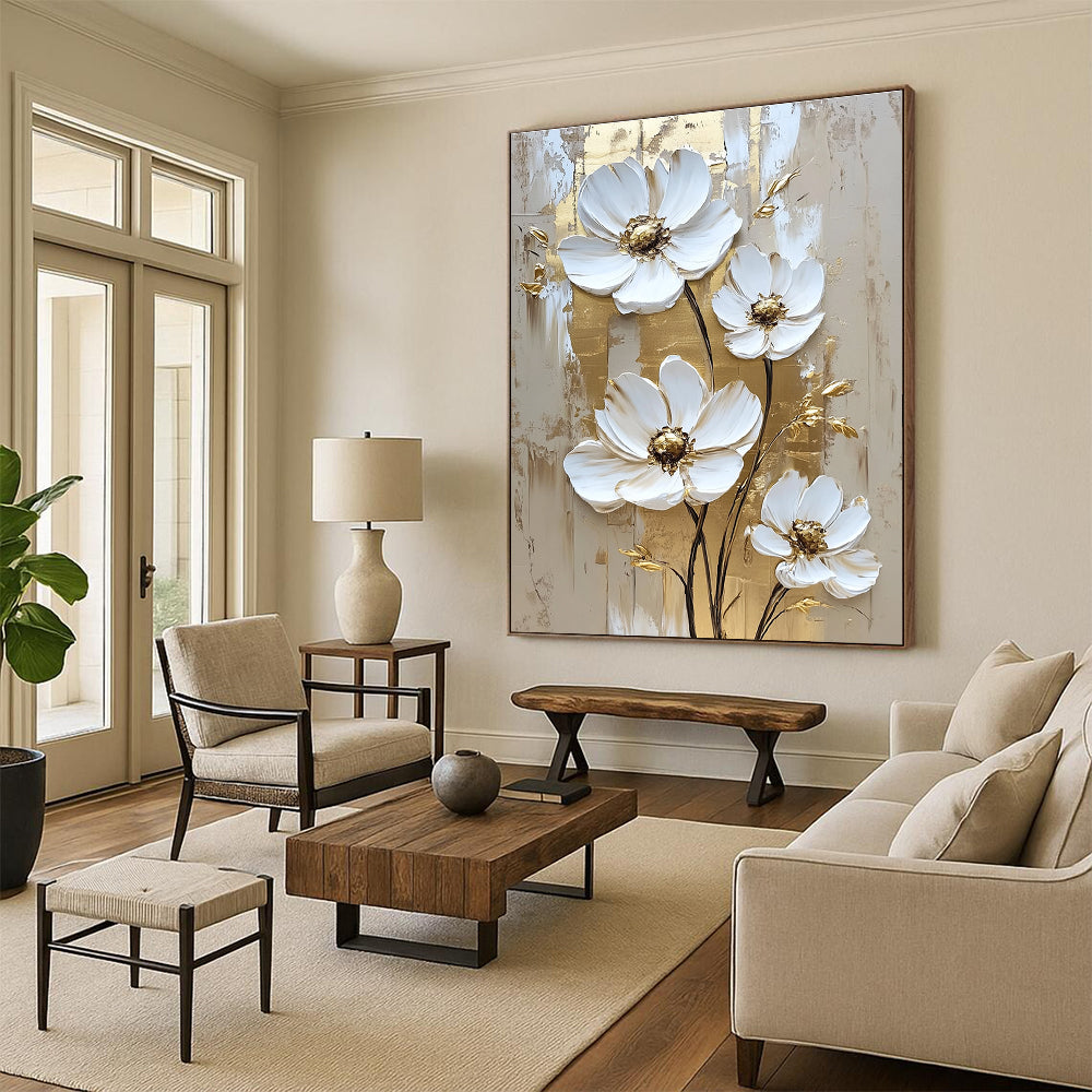 Gold - Accented White Flowers for Opulent Bedroom & Luxury Hotel Suite STSC510