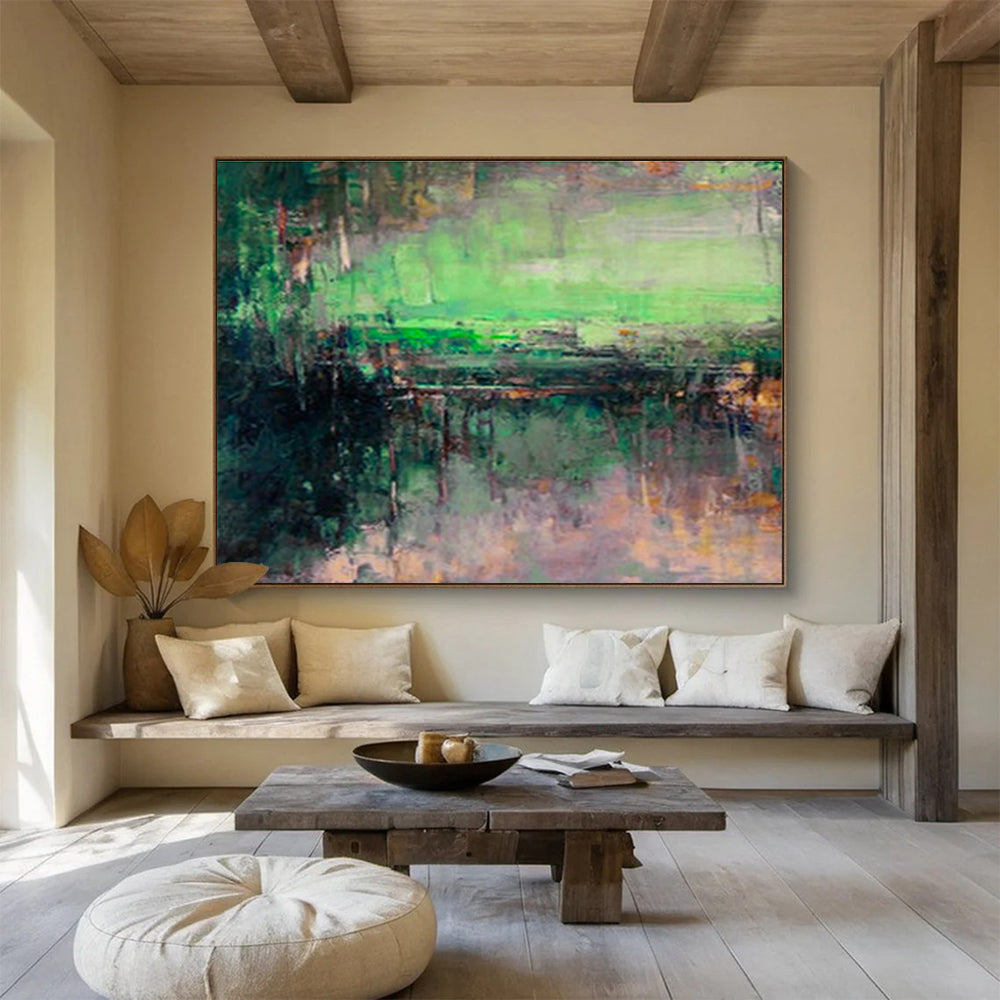Green - Toned Lakeside Abstract Art for Serene Reading Nook DLZ2779