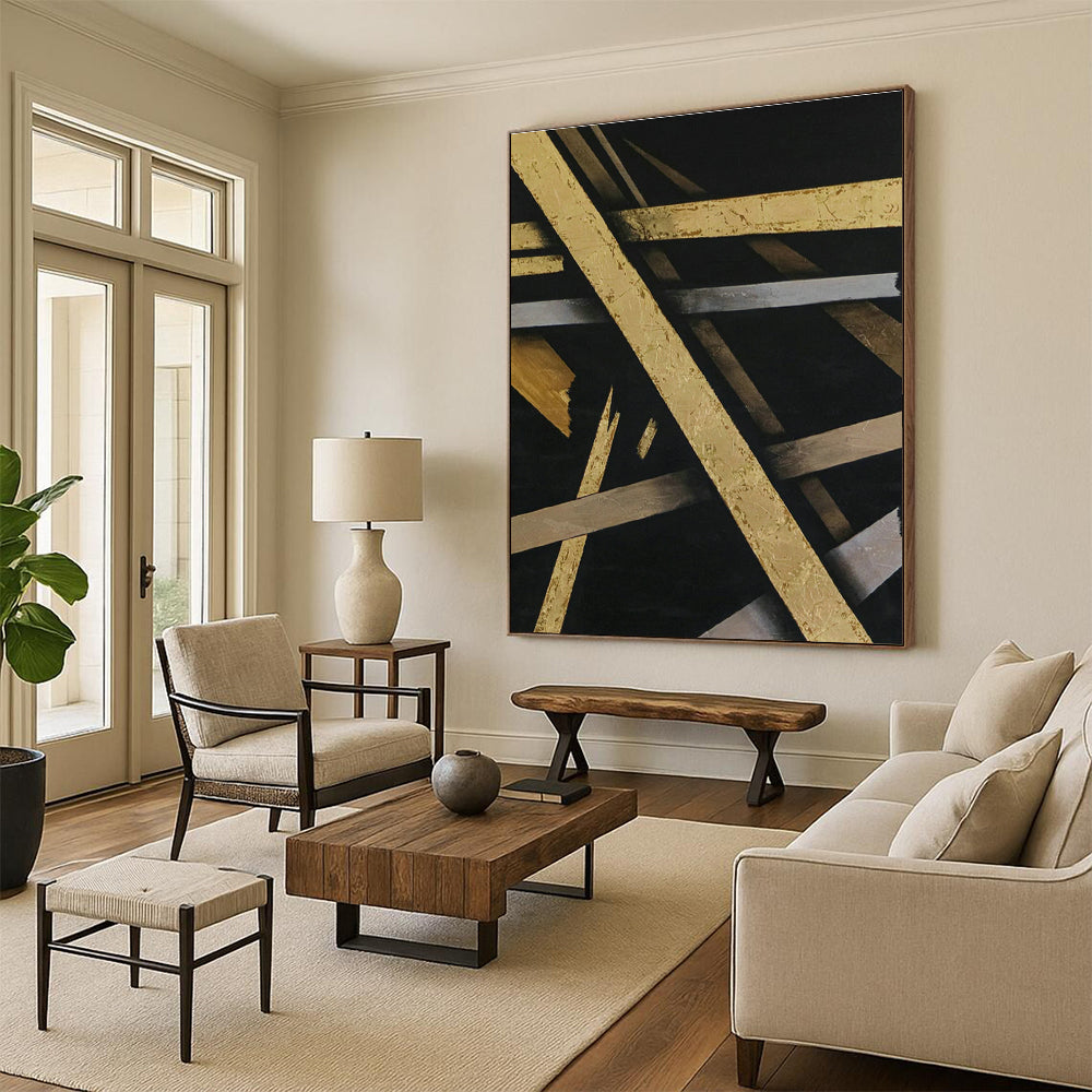Black & Gold Intertwined Abstract Art for Luxury Hotel Lobby & Home Dining Room DLZ1101