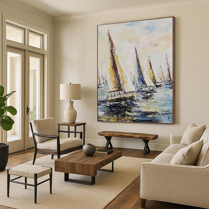 Fleet of Sailboats on the Sea Art for Nautical Clubhouse & Adventure - Themed Living Room STSC1421