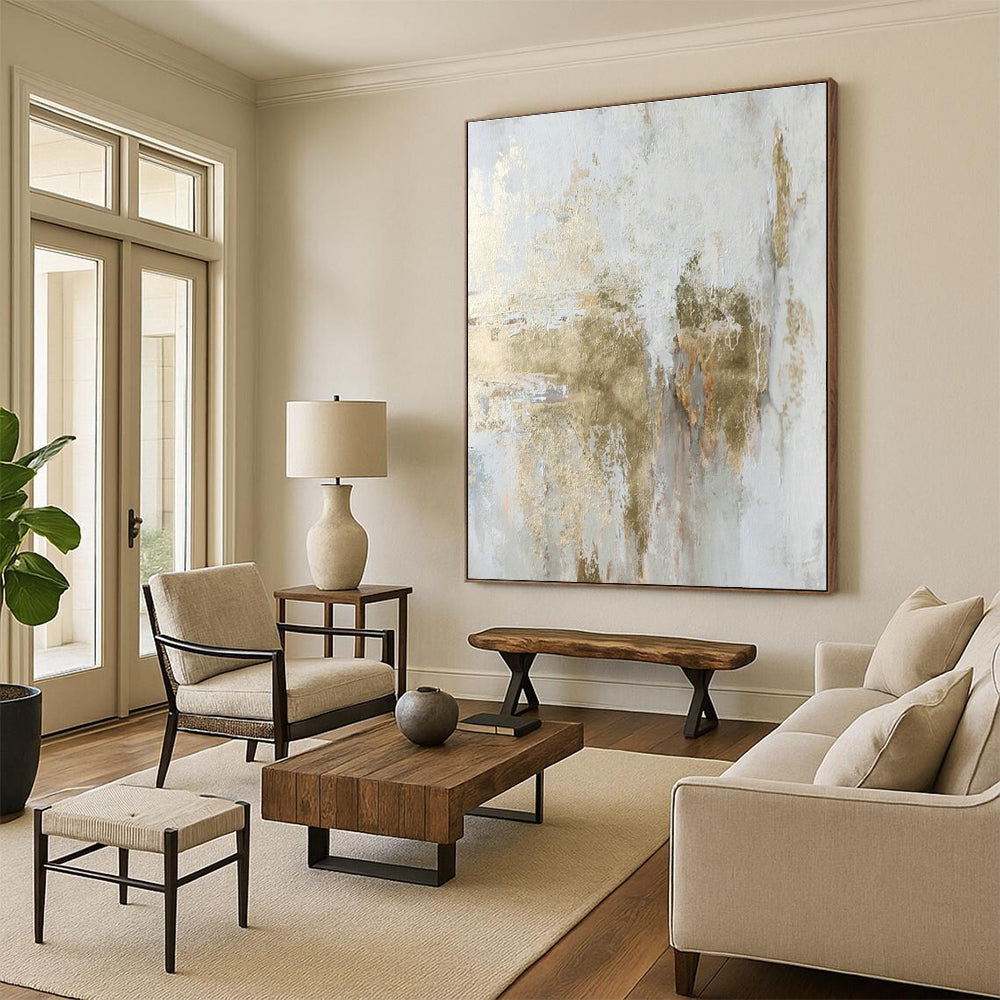 White and Gold Abstract Textured Art for Coastal Villa Bedroom & Upscale Spa Retreat DLZ1013