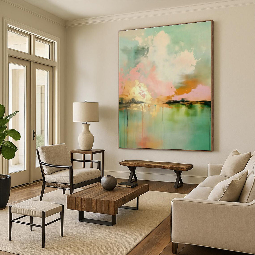Pink - Green Abstract Landscape Art for Scandinavian Bedroom & Art Gallery Lounge DLZ1001