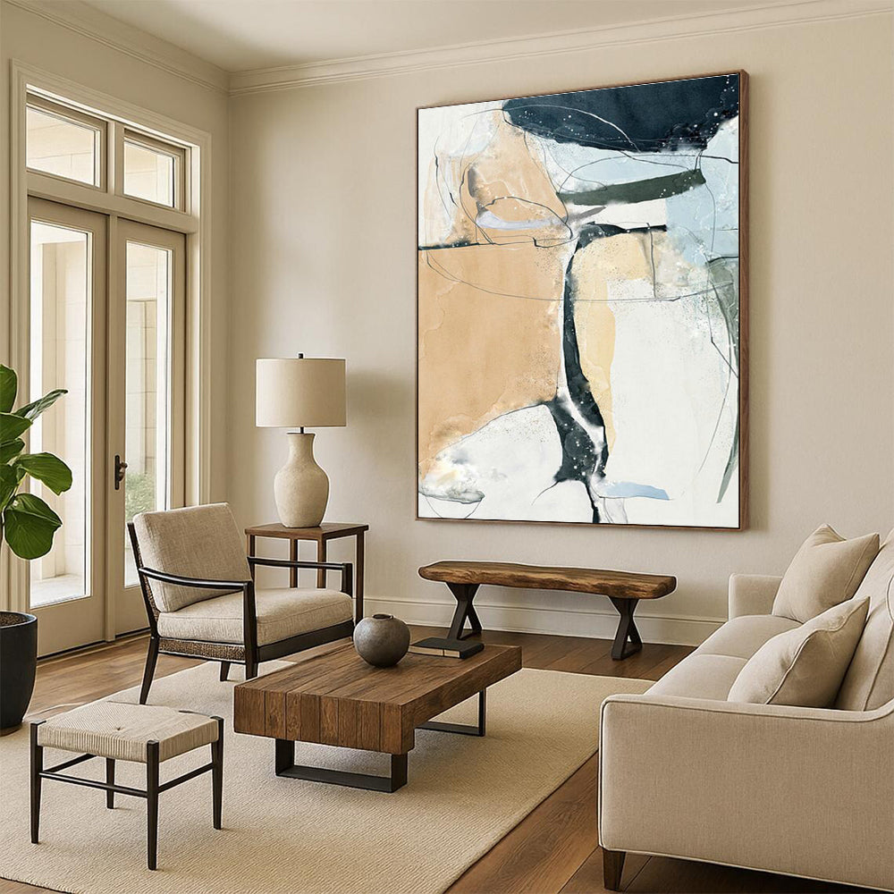Beige and Blue Abstract Lines Art for Minimalist Living Room & Creative Studio DLZ2223