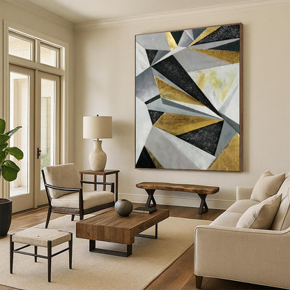 Geometric Gold - Grey Abstract Art for Living Room & Bedroom DLZ0509