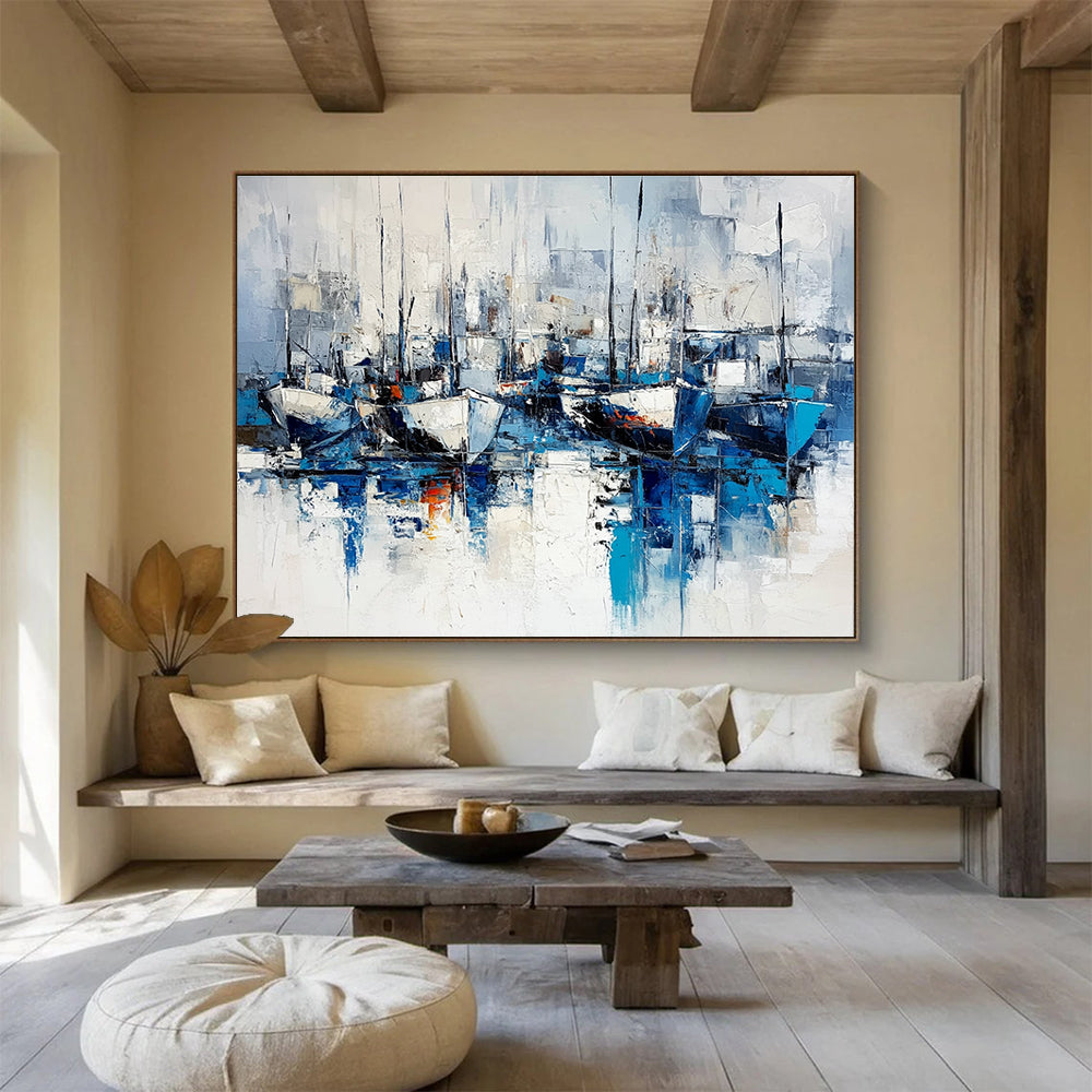 Abstract Boats in Harbor Art for Nautical - Themed Restaurant & Coastal Home SC030