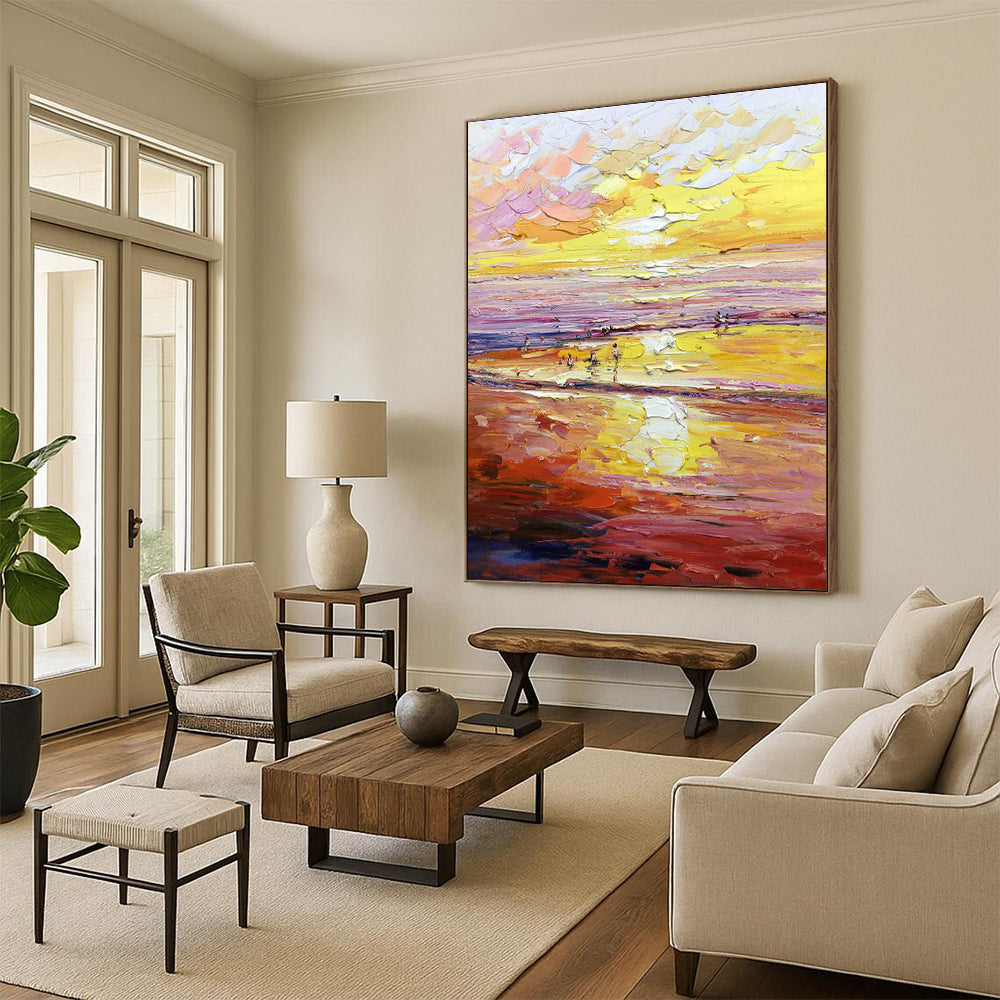 Warm - Toned Beach Oil Painting for Coastal Home & Vacation Rental Lounge DLZ1313