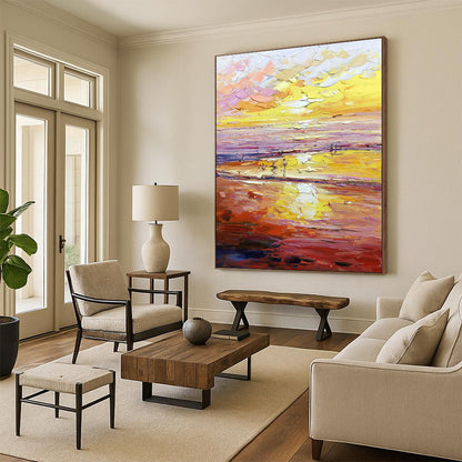 Warm - Toned Beach Oil Painting for Coastal Home & Vacation Rental Lounge DLZ1313