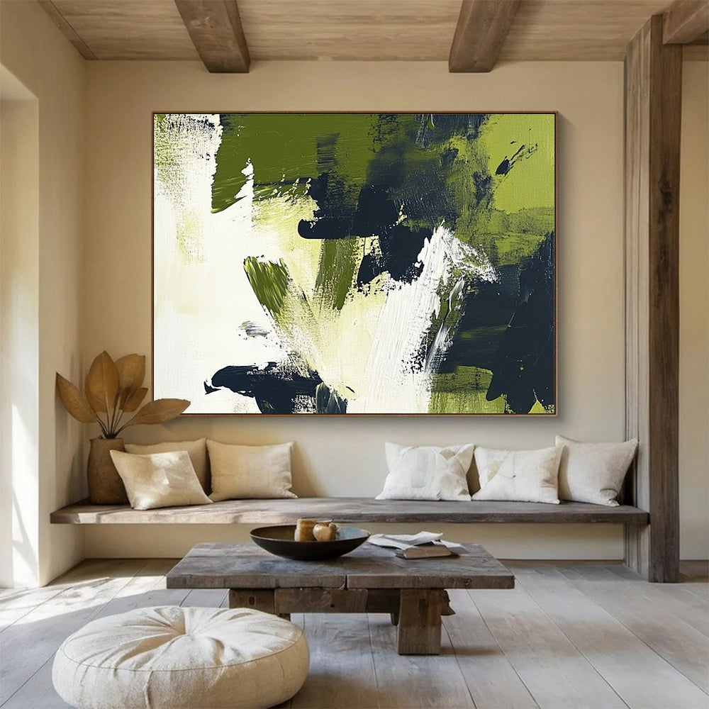Green - Black Abstract Brushstrokes Art for Eco - Friendly Café & Modern Garden - Themed Office SC248