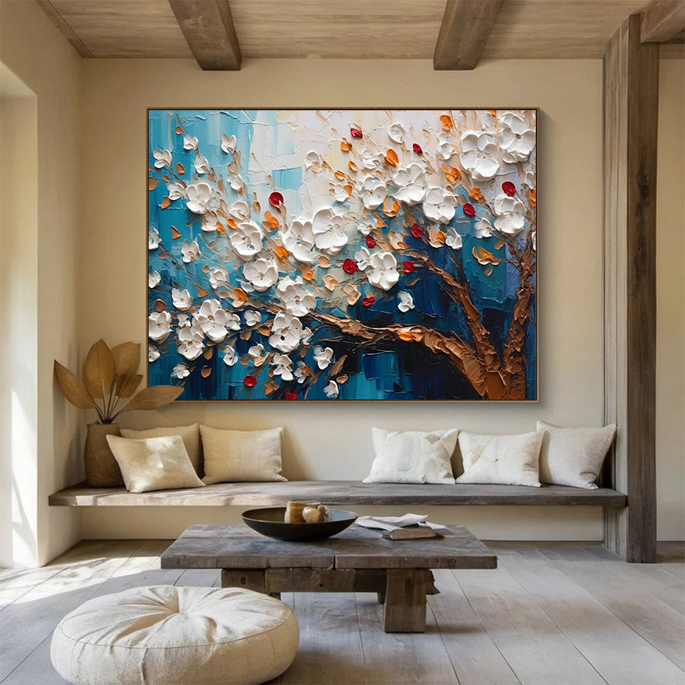 Blue - Background White Flower Tree Art for Coastal Café Outdoor Seating Walls DLZ3272