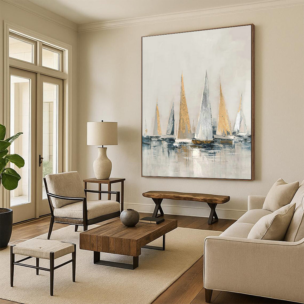 Gold - Accented Sailboat Art for Nautical Club Lounge & Coastal Hotel Lobby DLZ1423
