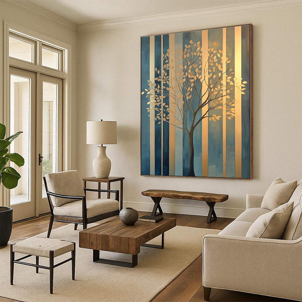 Golden Tree on Striped Background Art for Luxury Home Office & Elegant Dining Room STSC1117