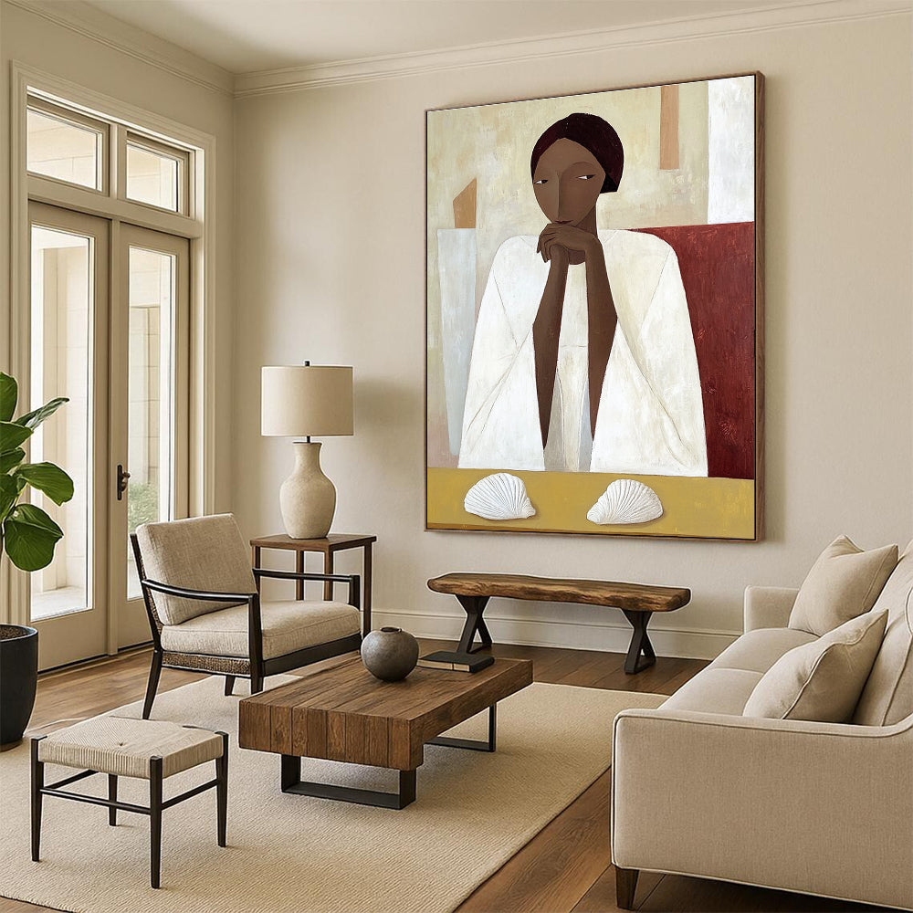 Woman in White with Shells Art for Coastal Home & Serene Meditation Room STSC1115