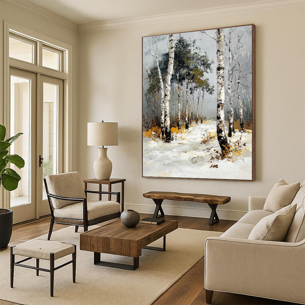 Snowy Birch Forest Path 2 Art for Ski Resort Lobby & Minimalist Home Library STSC1382