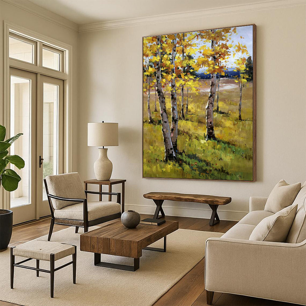 Golden Autumn Birch Forest Oil Painting for Country Cottage & Fall - Themed Café DLZ1291