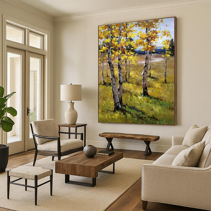 Golden Autumn Birch Forest Oil Painting for Country Cottage & Fall - Themed Café DLZ1291