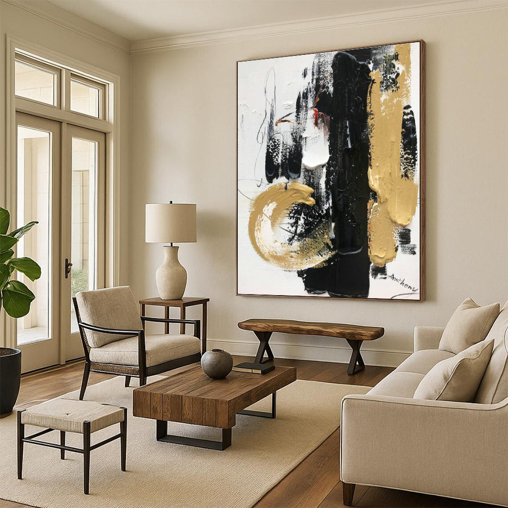 Black, White & Gold Abstract Art for Luxury Hotel Lobby & Sophisticated Home Office DLZ0820