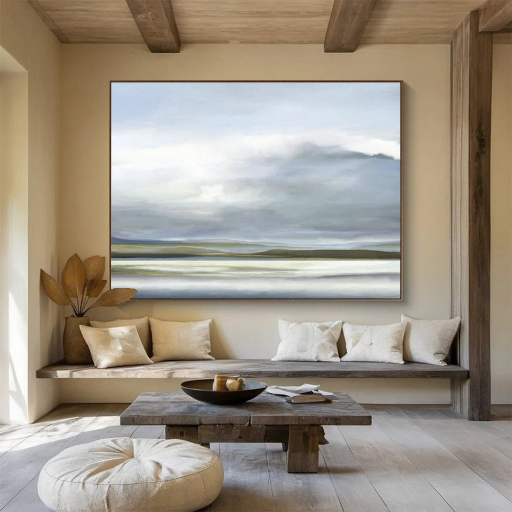 Grey - Blue Lakeside Painting for Serene Living Room DLZ2744