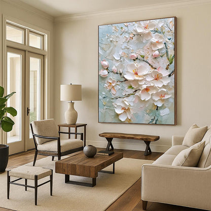 Textured White Flowers on Light Blue Art for Coastal Home Living Area & Spa - Like Bathroom STSC1364