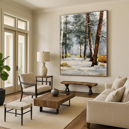 Snowy Forest Oil Painting for Chalet Bedroom & Winter Lodge Lounge DLZ1281