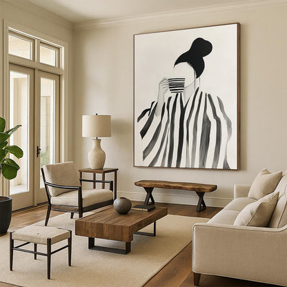 Woman with Striped Robe and Cup Art for Fashion - Forward Boutique & Cozy Reading Nook STSC1344