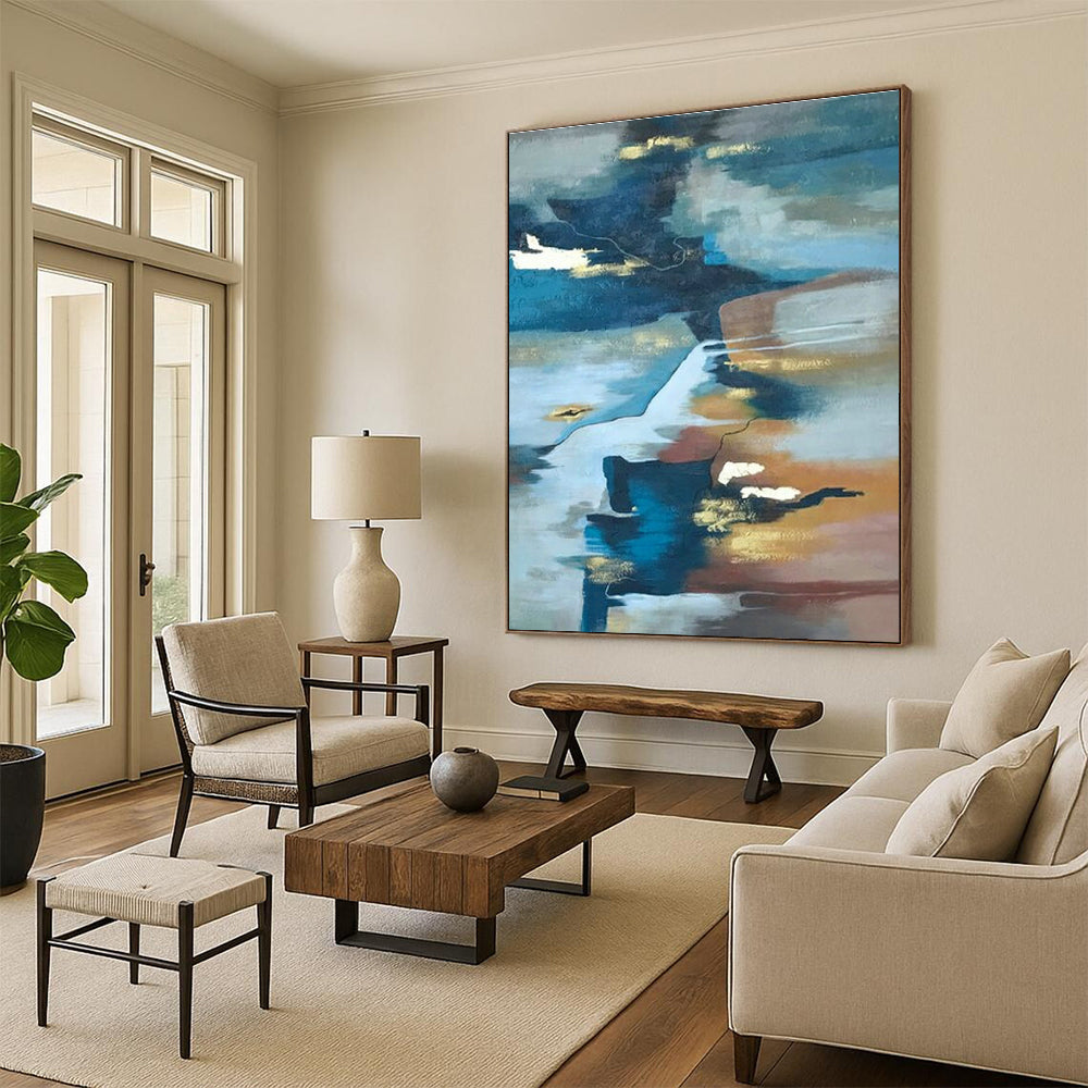 Blue - Gold - Brown Abstract Art for Riverside Residence & Sophisticated Lounge DLZ1903