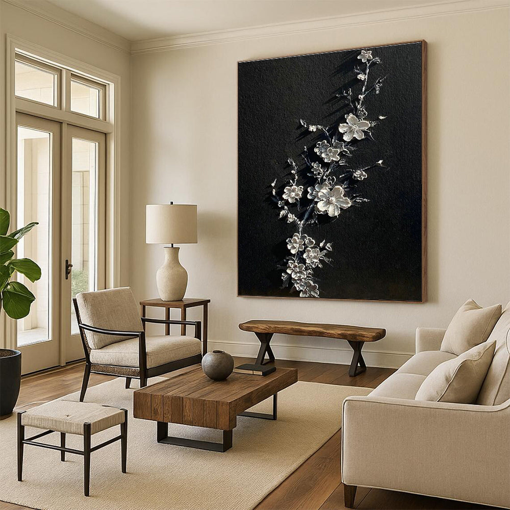Silver Blossom on Black Art for Elegant Bedroom & Asian - Inspired Lounge DLZ2243