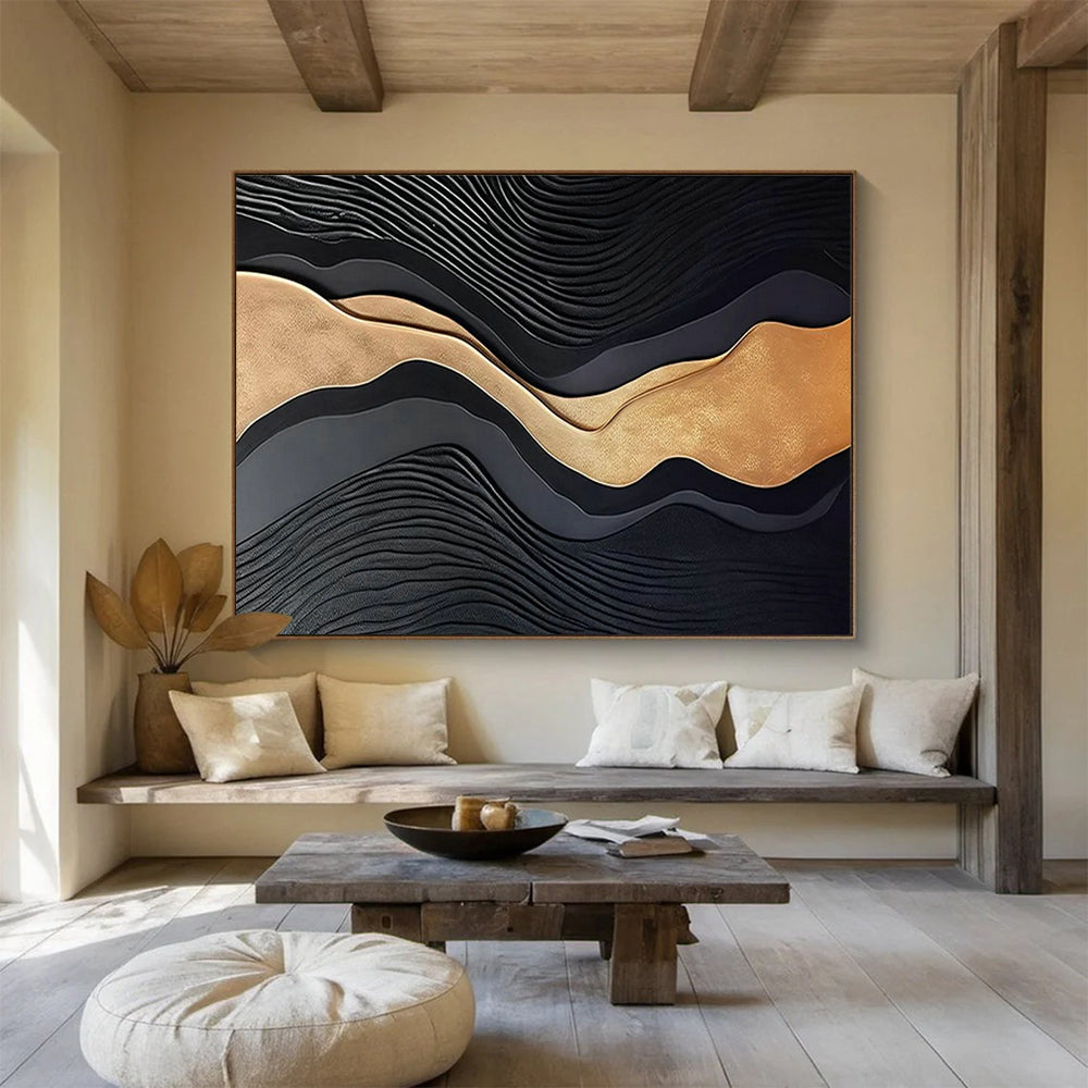 Black & Gold Wave - Shaped Relief Art for Luxury Hotel Lobbies DLZ2533